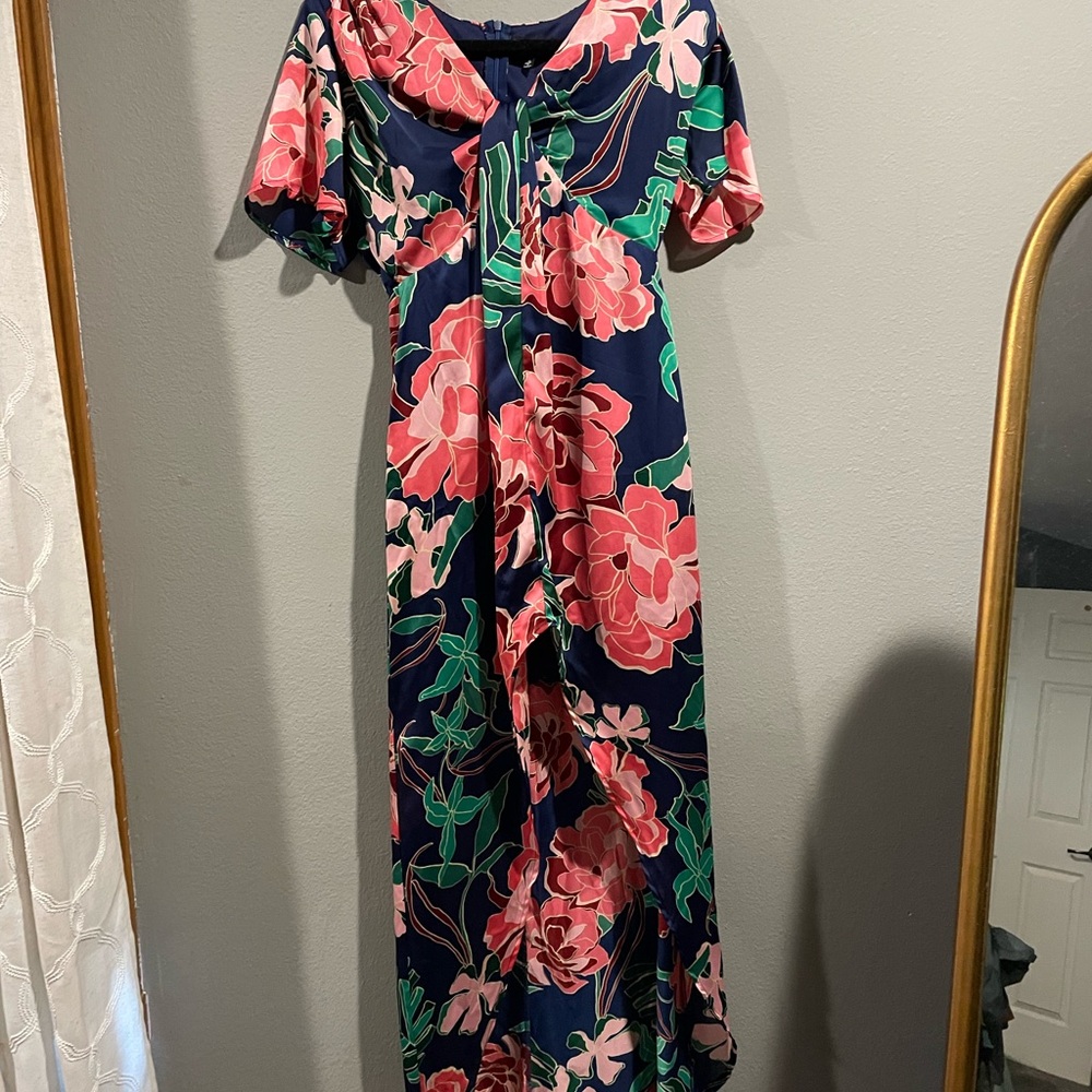 4SI3NNA Navy Dress with Pink and Green Floral Design